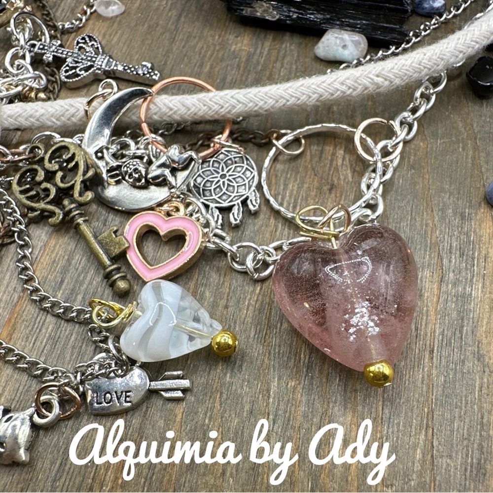 Maximalism chunky ametrine heart rhodonite layered multi charms necklace - Picture 2 of 8